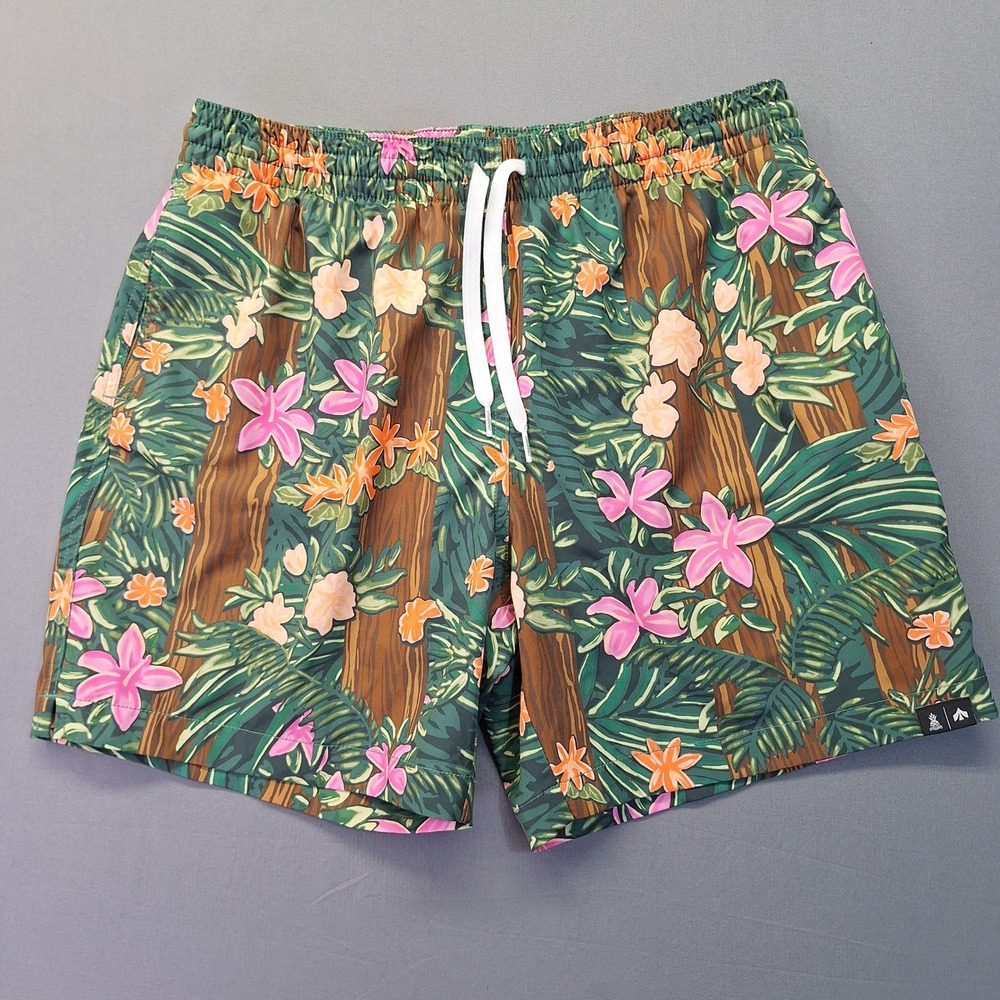 Chubbies Mens Tropical Floral Swim Trunks Green Pink Wood Grain 5.5 Inseam L